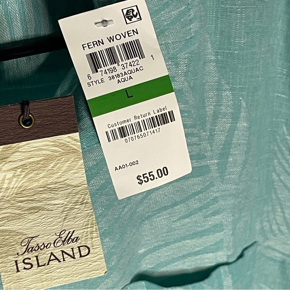 NWT Tasso Elba Silk Linen Blue Green Size Large Short Sleeve Hawaiian Button Up - Picture 2 of 8
